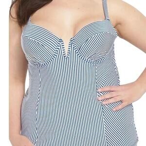 Cacique Striped Seersucker Blue White Tankini Top Swim size 20 Underwire 42G NWT